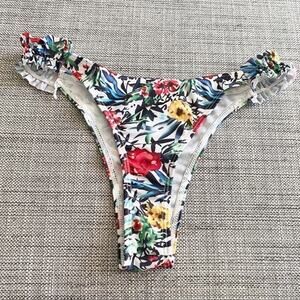 White Floral bikini bottom swimsuit ruffle sides M